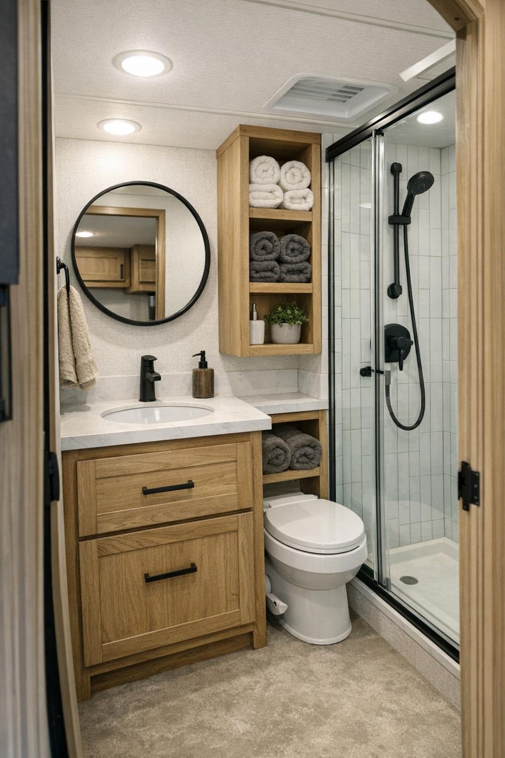 Compact RV camper bathroom with oak vanity, round mirror, and tiled shower