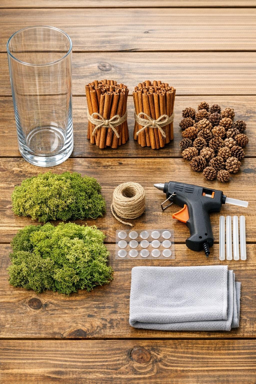 Materials for a pinecone and cinnamon stick hurricane vase display