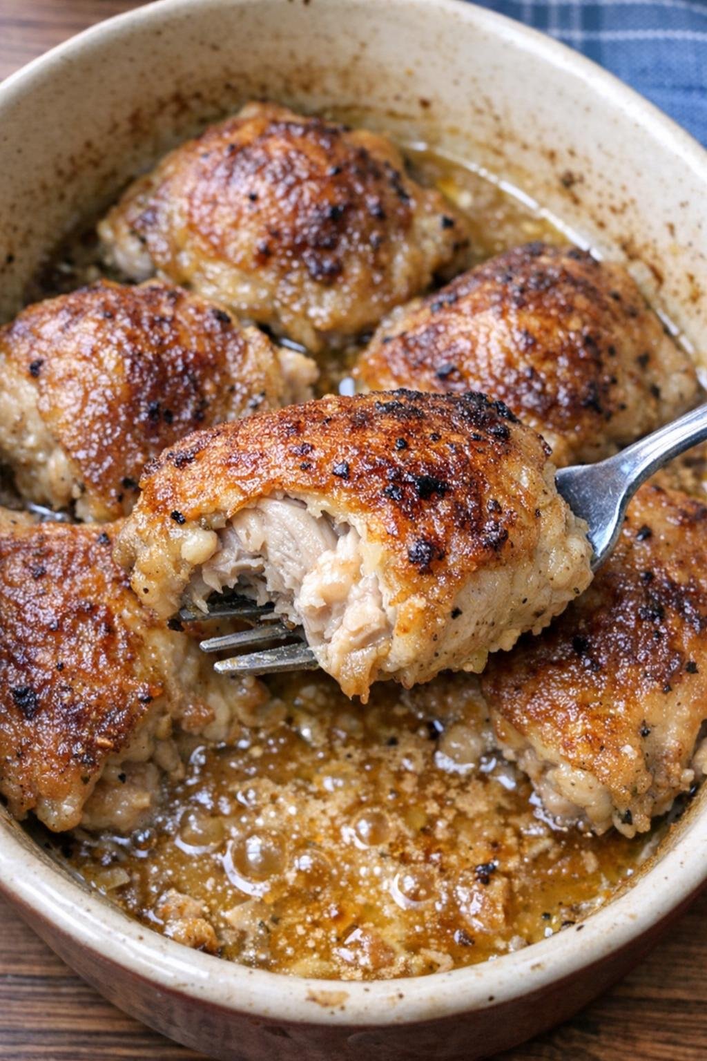 Crispy golden-brown chicken thighs in an oval stoneware dish