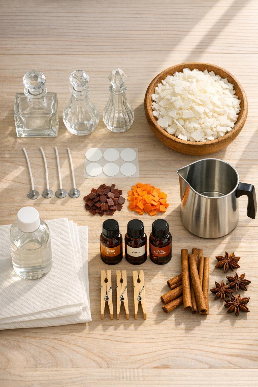 Materials for making three fall candles in thrifted perfume bottles