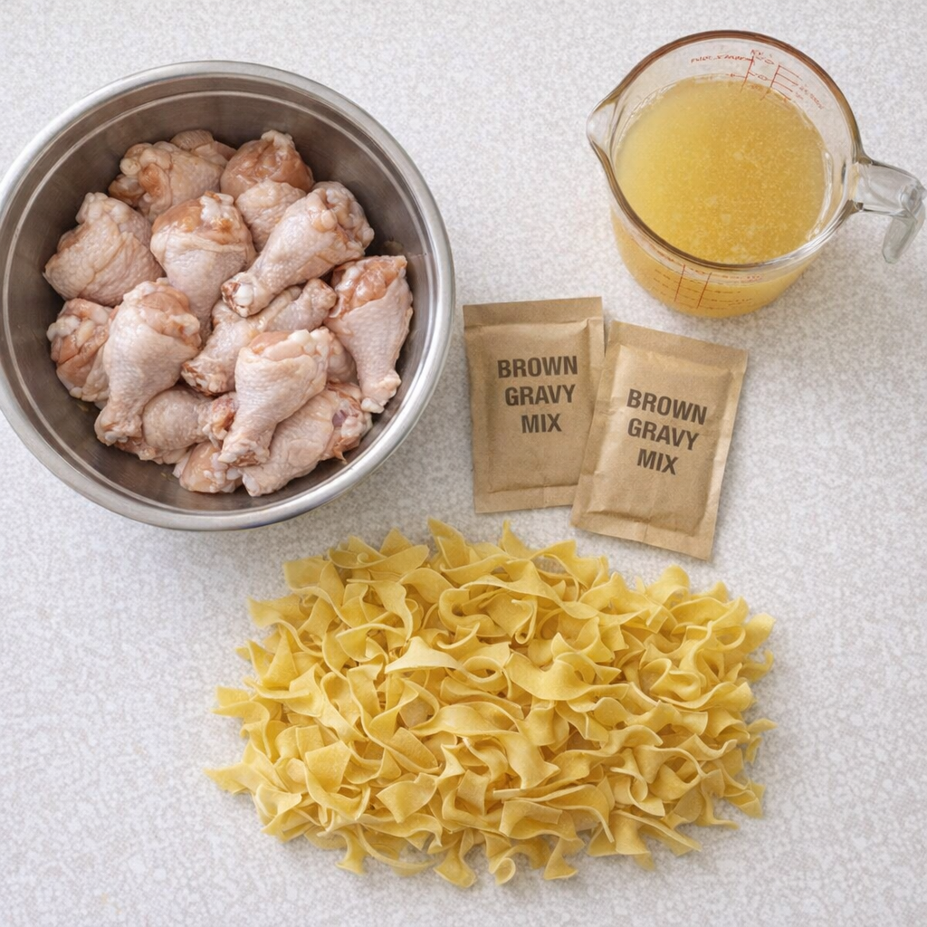 Chicken drumettes, gravy packets, broth, and egg noodles arranged on a kitchen counter