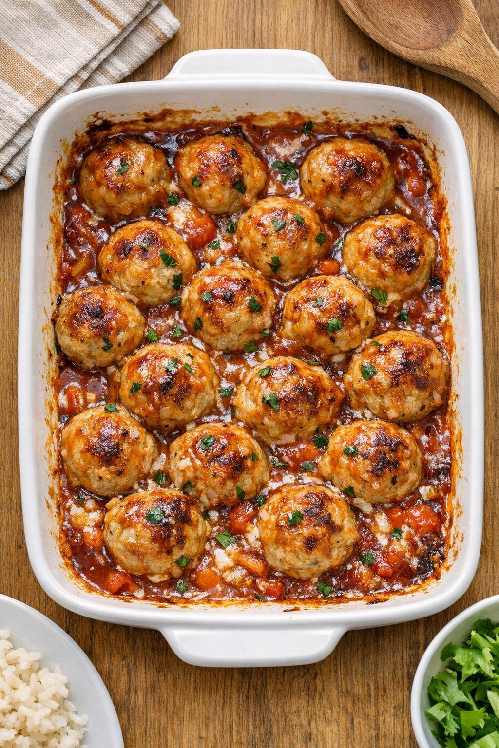 Finished baked chicken meatballs in sauce in a ceramic dish