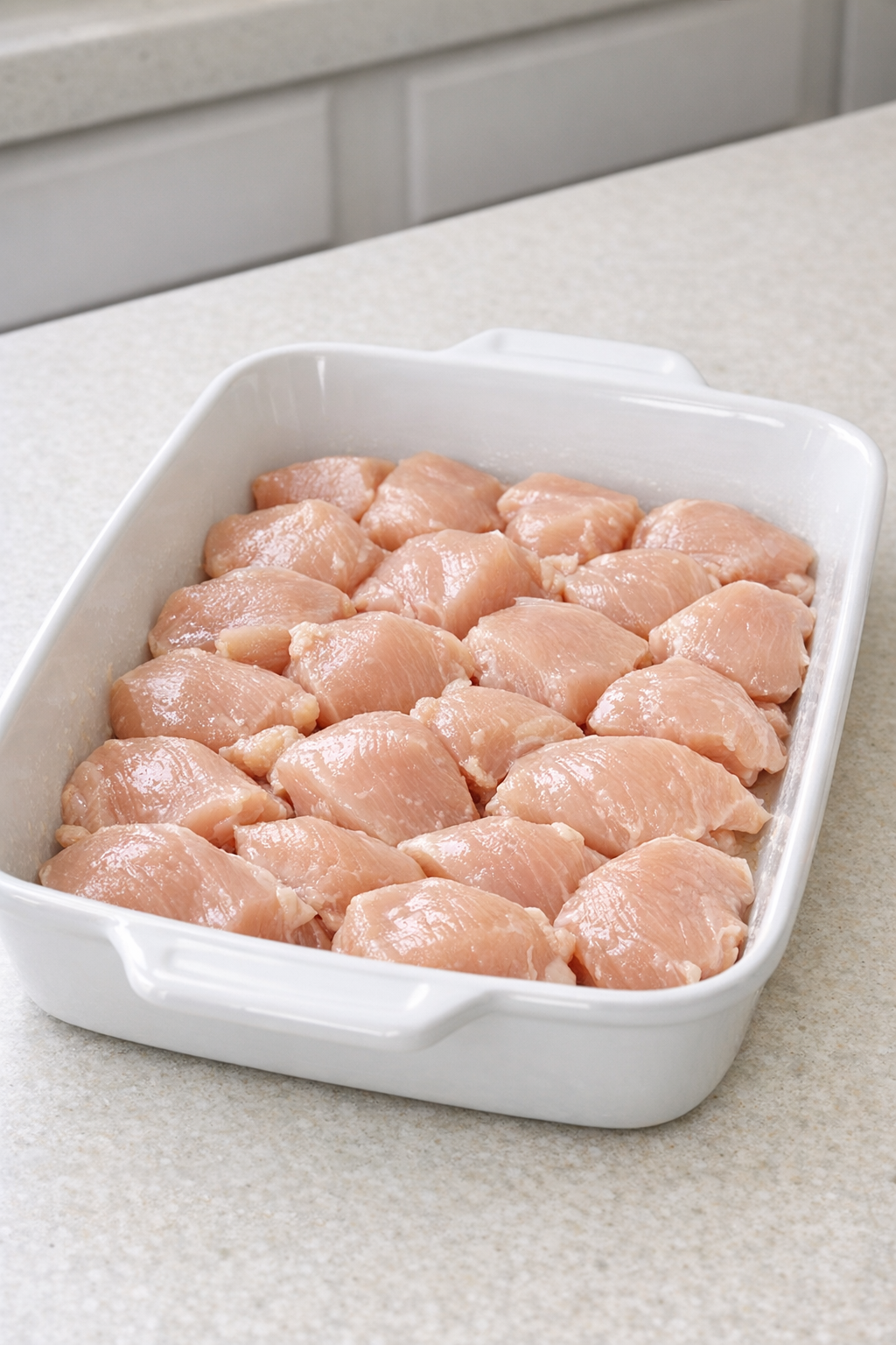 Raw chicken arranged in a greased ceramic casserole dish