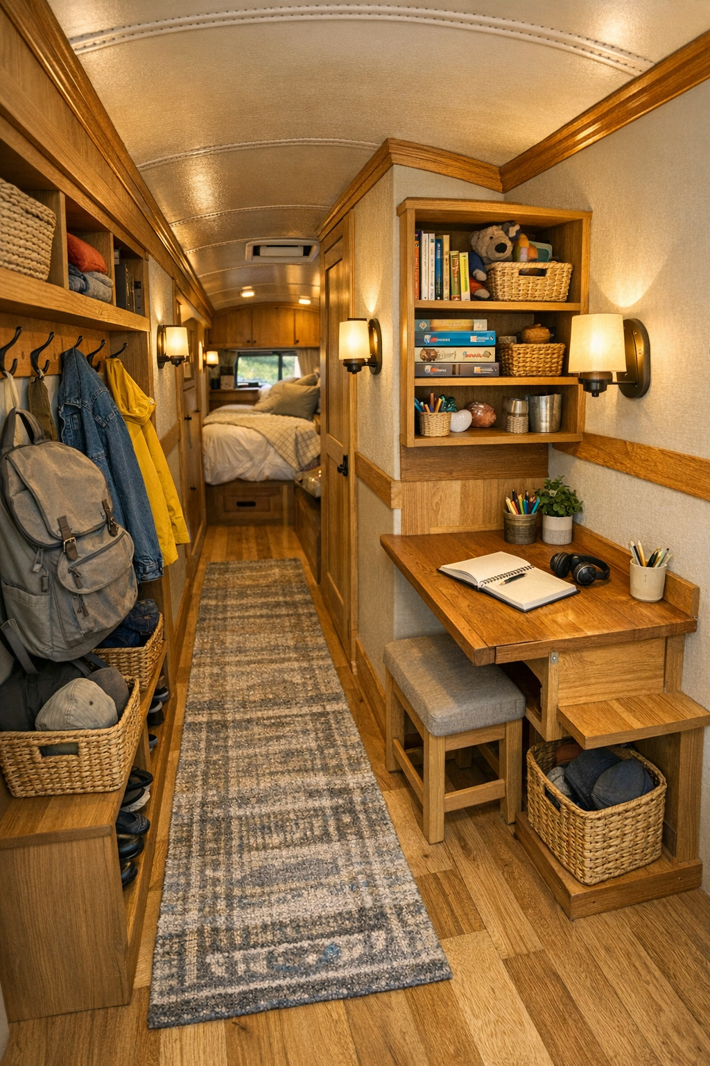 Clever bus hallway and multipurpose nook with storage cubbies, hooks, and fold-down desk