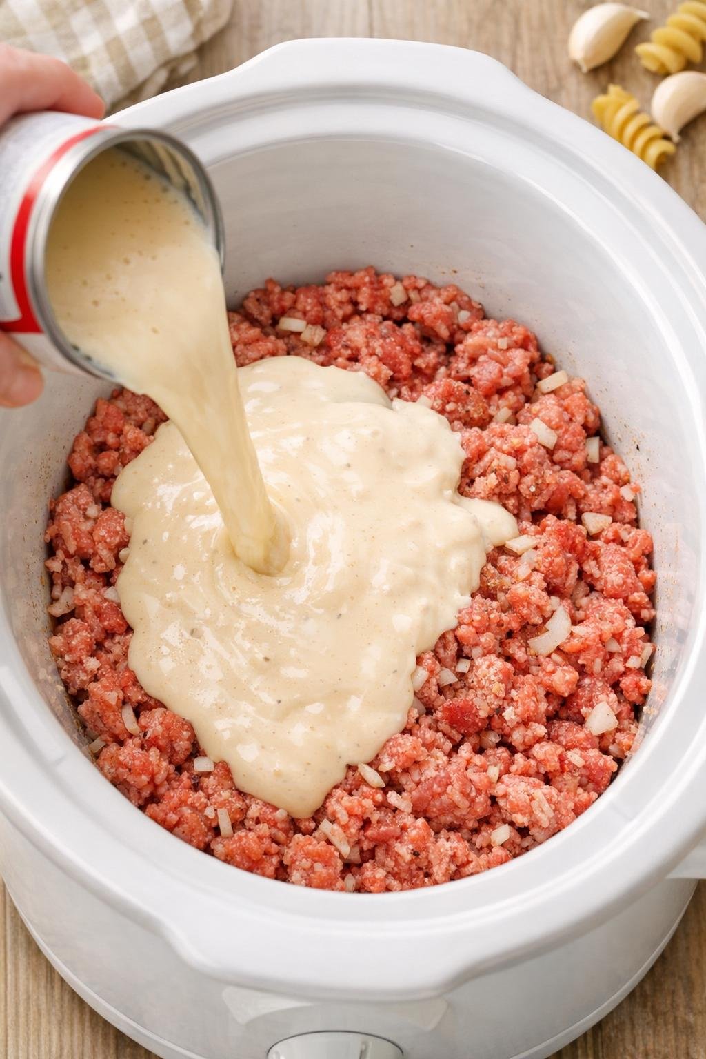 Creamy soup mixture poured over beef in slow cooker