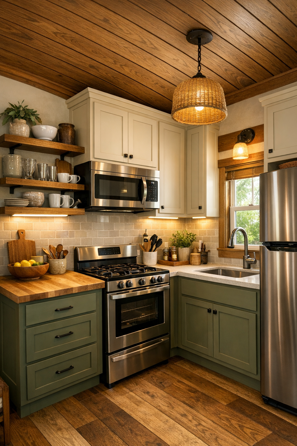 Craftsman kitchen with painted cabinets, warm counters, and soft tile backsplash