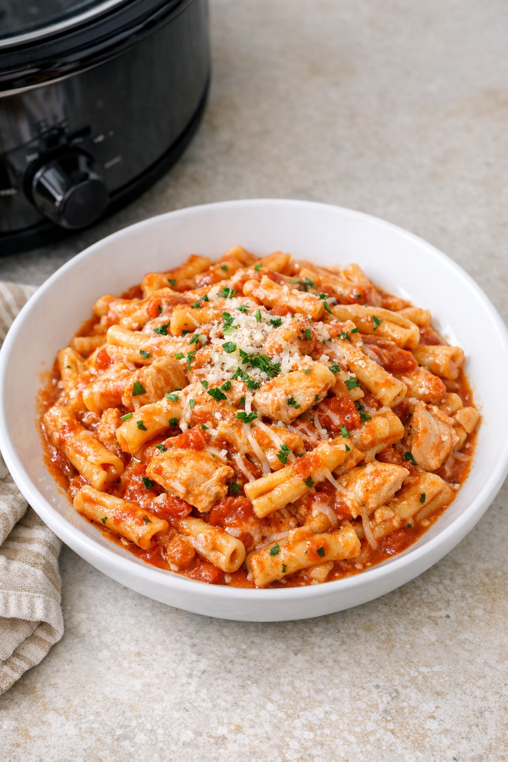 Finished creamy casarecce pasta plated in a bowl
