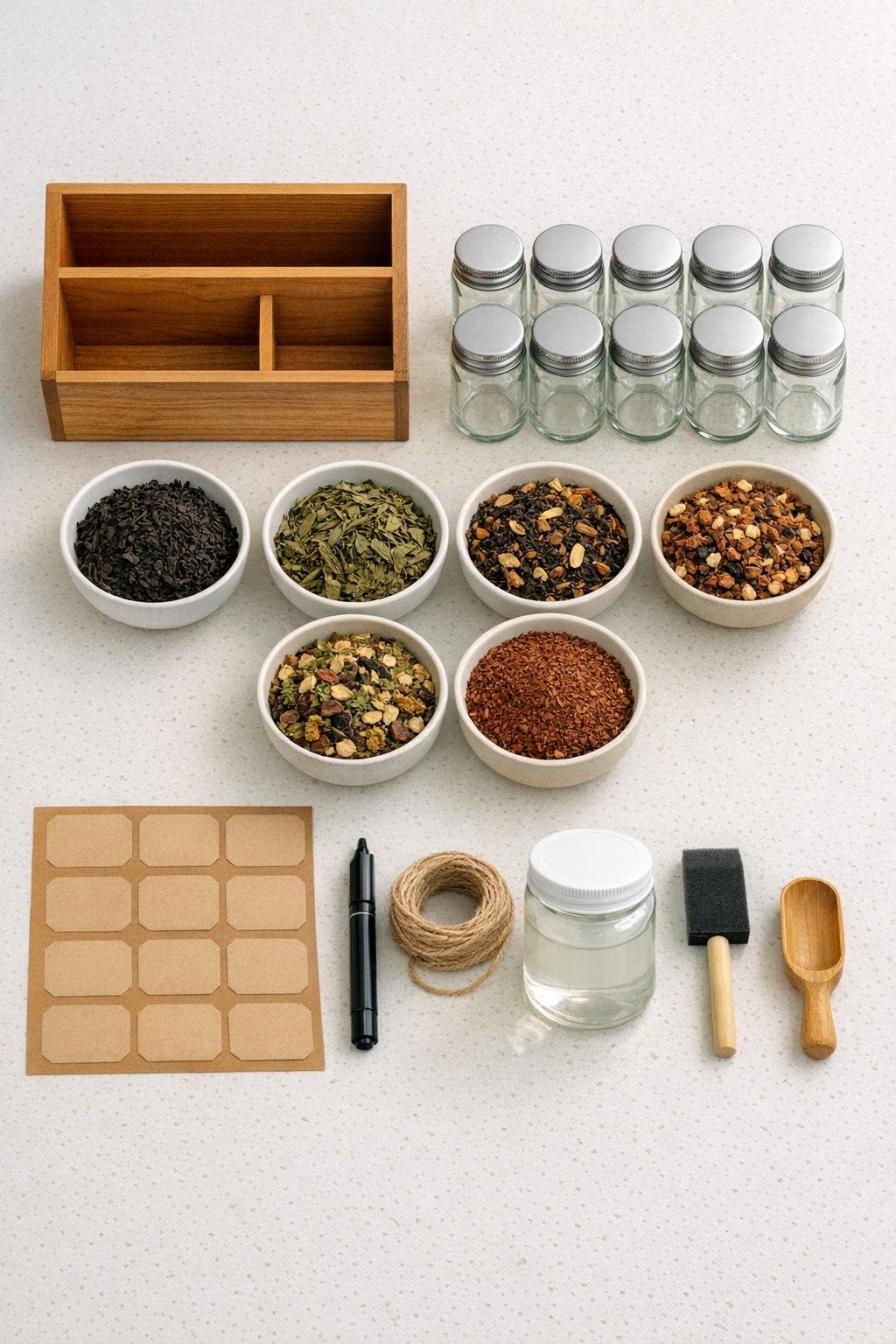 Materials for a wooden desk organizer tea station laid out on a counter