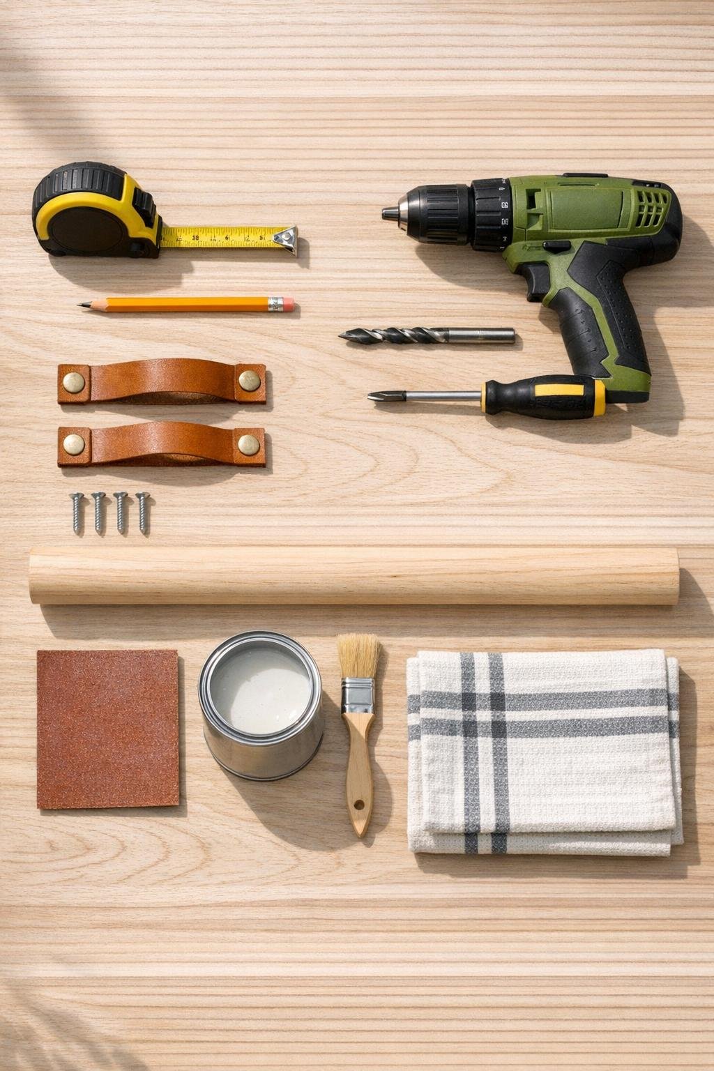 Materials for a pantry door leather handle and dowel towel bar laid out neatly