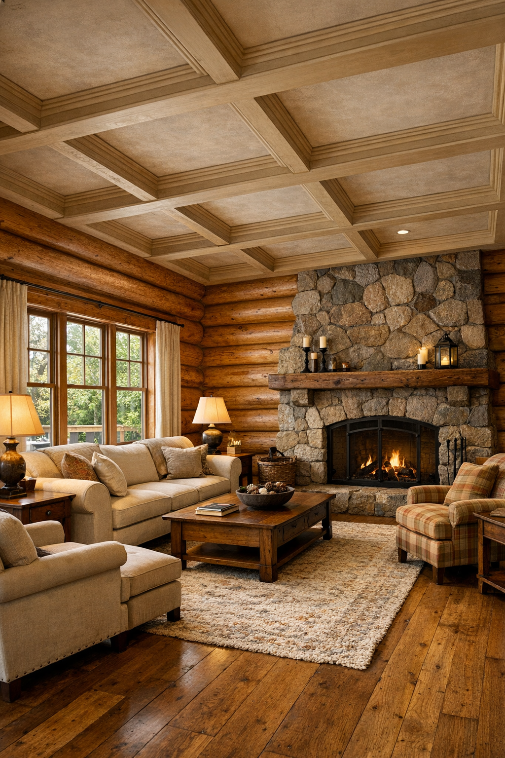 Classic living room with cedar log walls, stone fireplace, and soft neutral seating