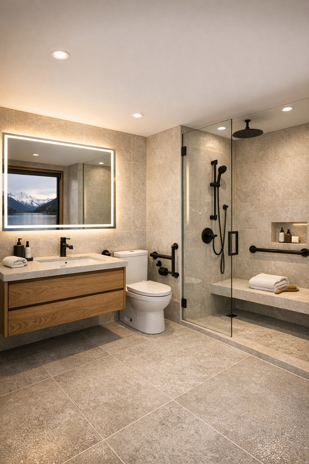Spa-like bathroom with pale stone tile, floating oak vanity, and curbless shower
