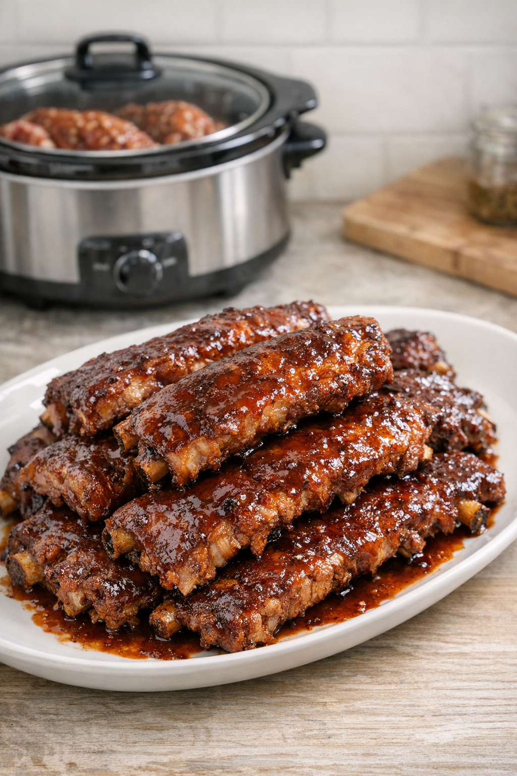 Finished plated baby back ribs with sauce