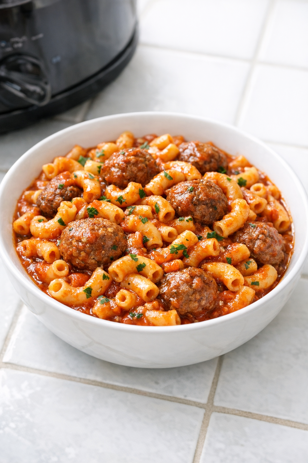 Finished slow cooker freedom mac with meatballs in a serving bowl