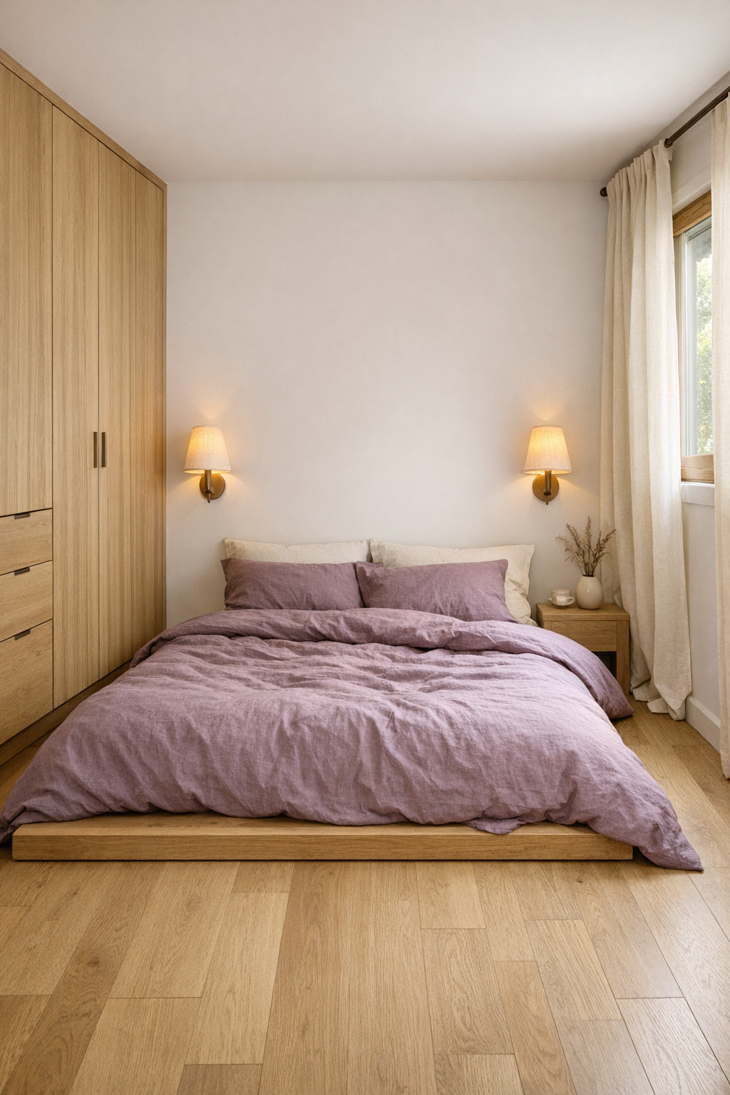Quiet bedroom with dusty heather bedding, oak millwork, and soft layered lighting