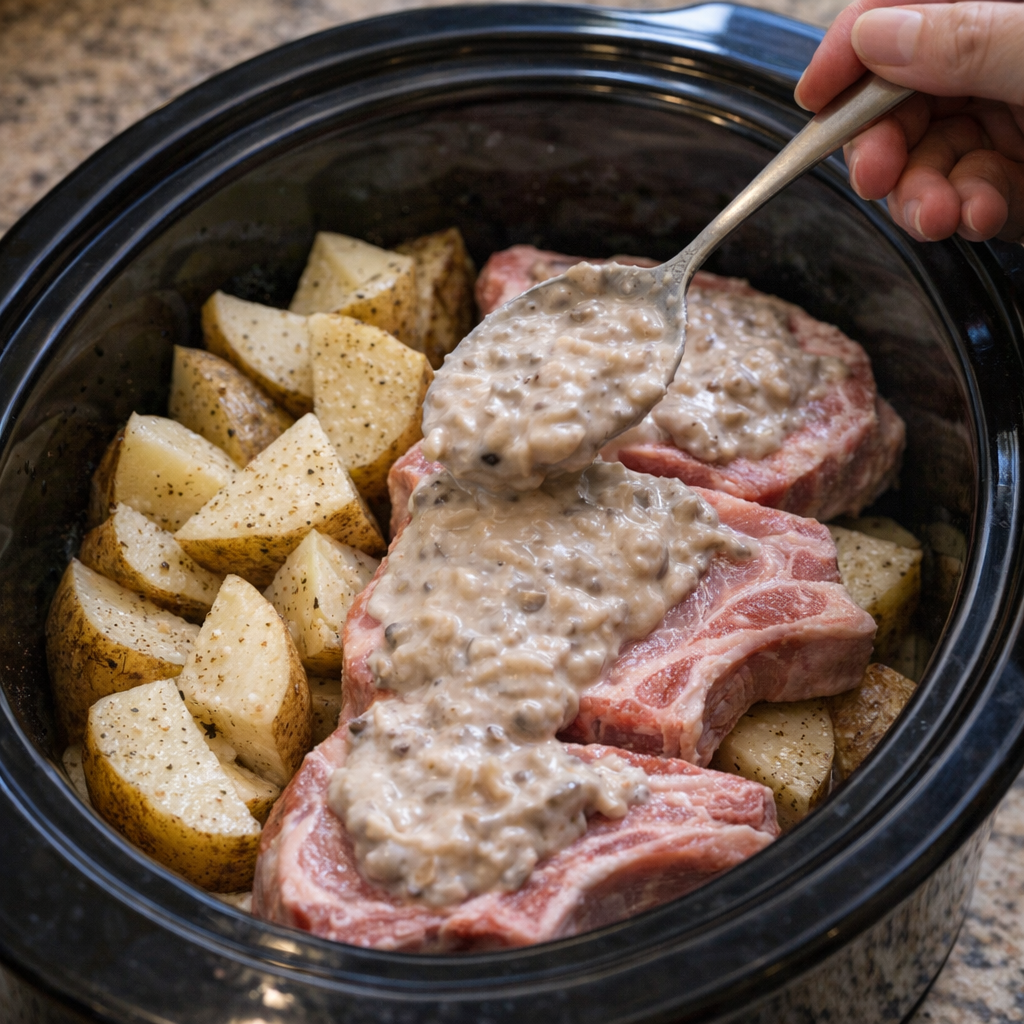 Soup mixture being spooned over pork chops and potatoes