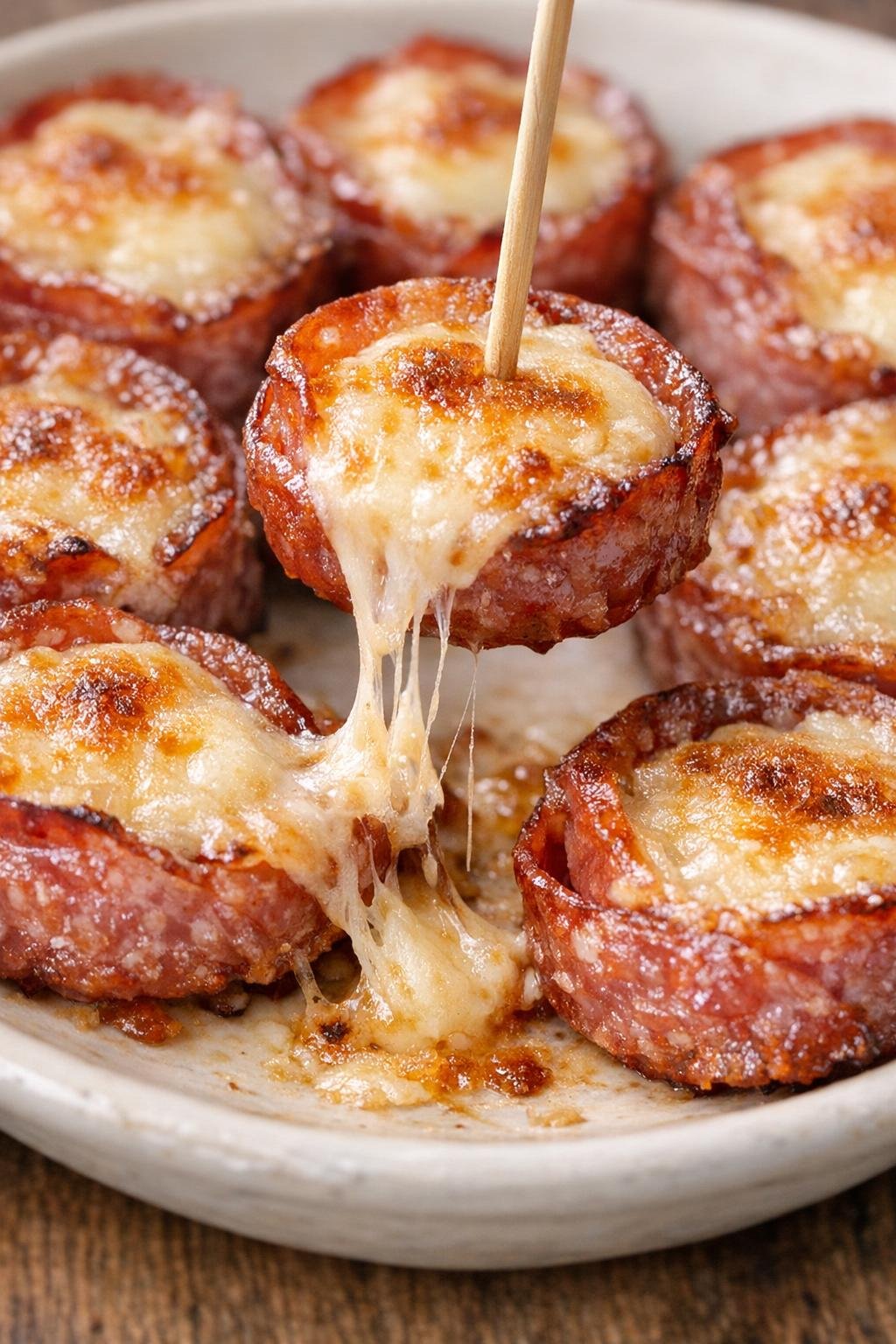 Low carb salami Beaumont bites on a ceramic platter