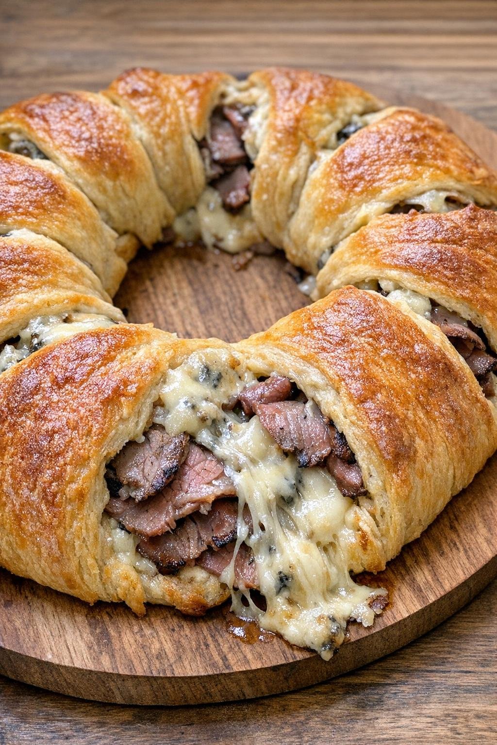 Golden brown roast beef and cambozola crescent wreath on a wooden board