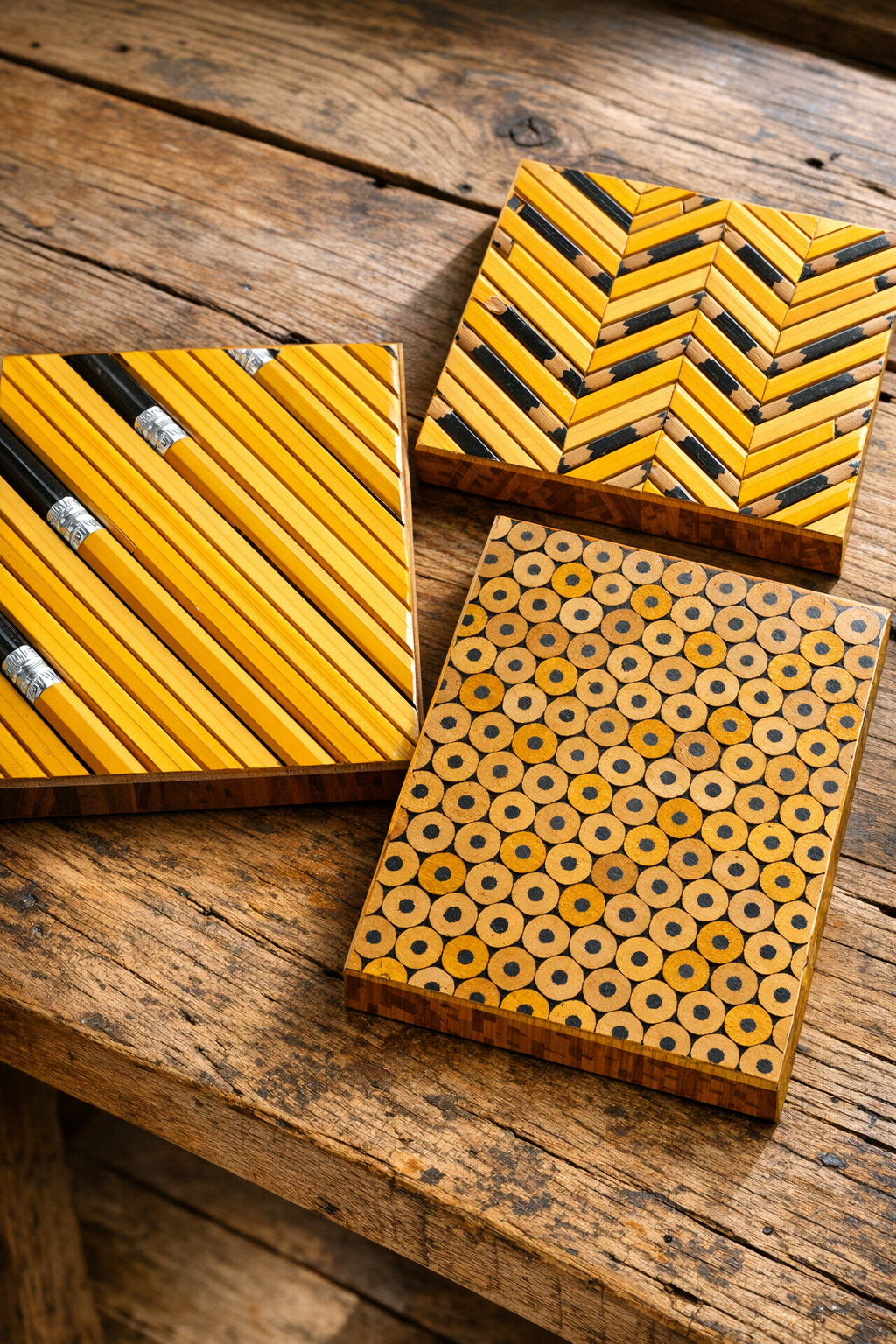 Finished patterned wood veneer panels made from yellow school pencils
