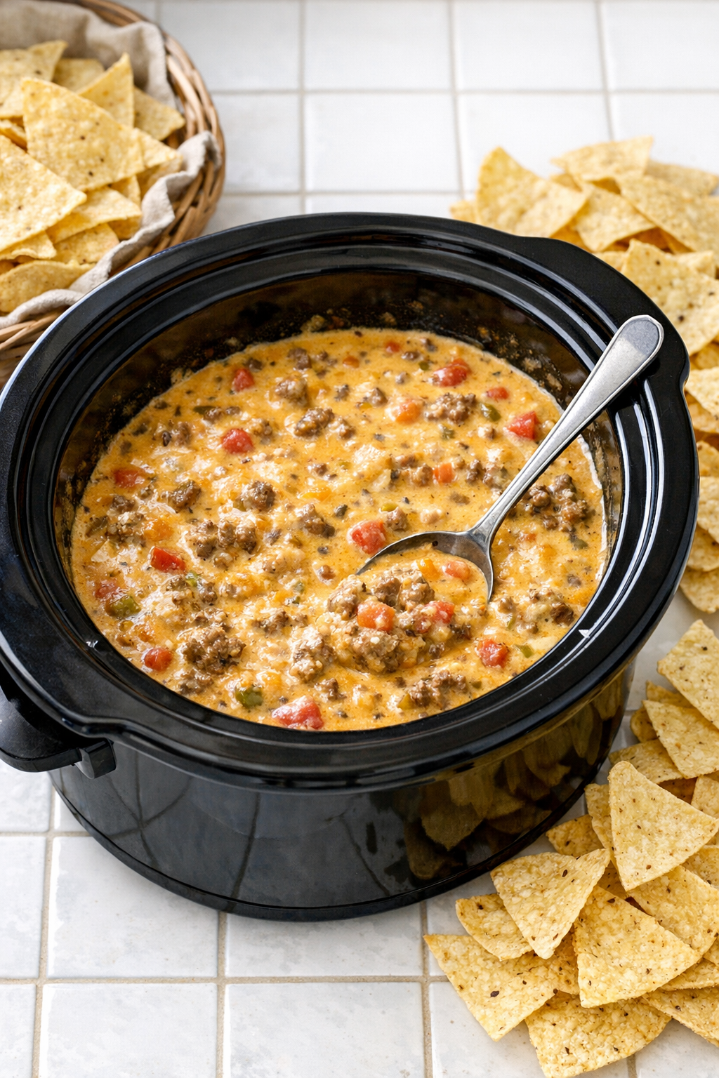 Finished beer cheese beef dip in a slow cooker