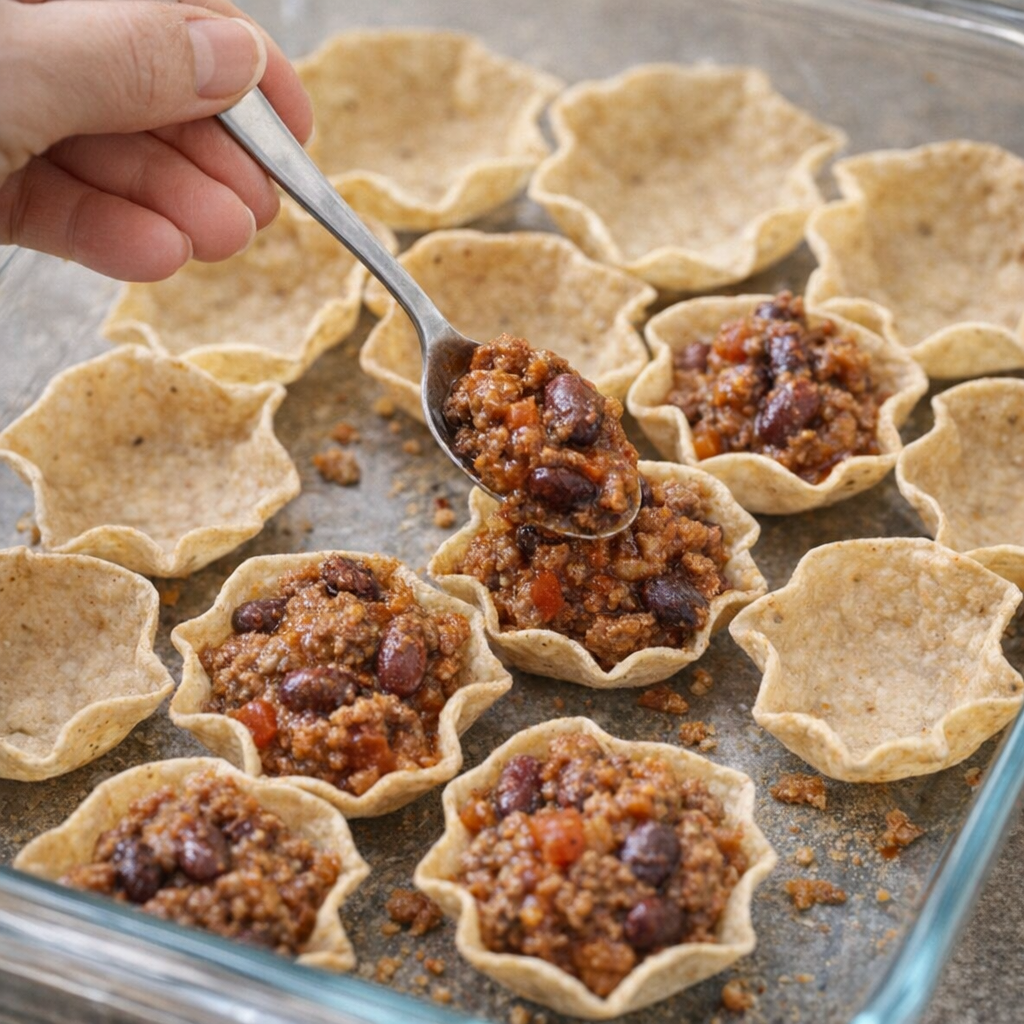 Tortilla scoop chips being filled with beef chili in a casserole dish