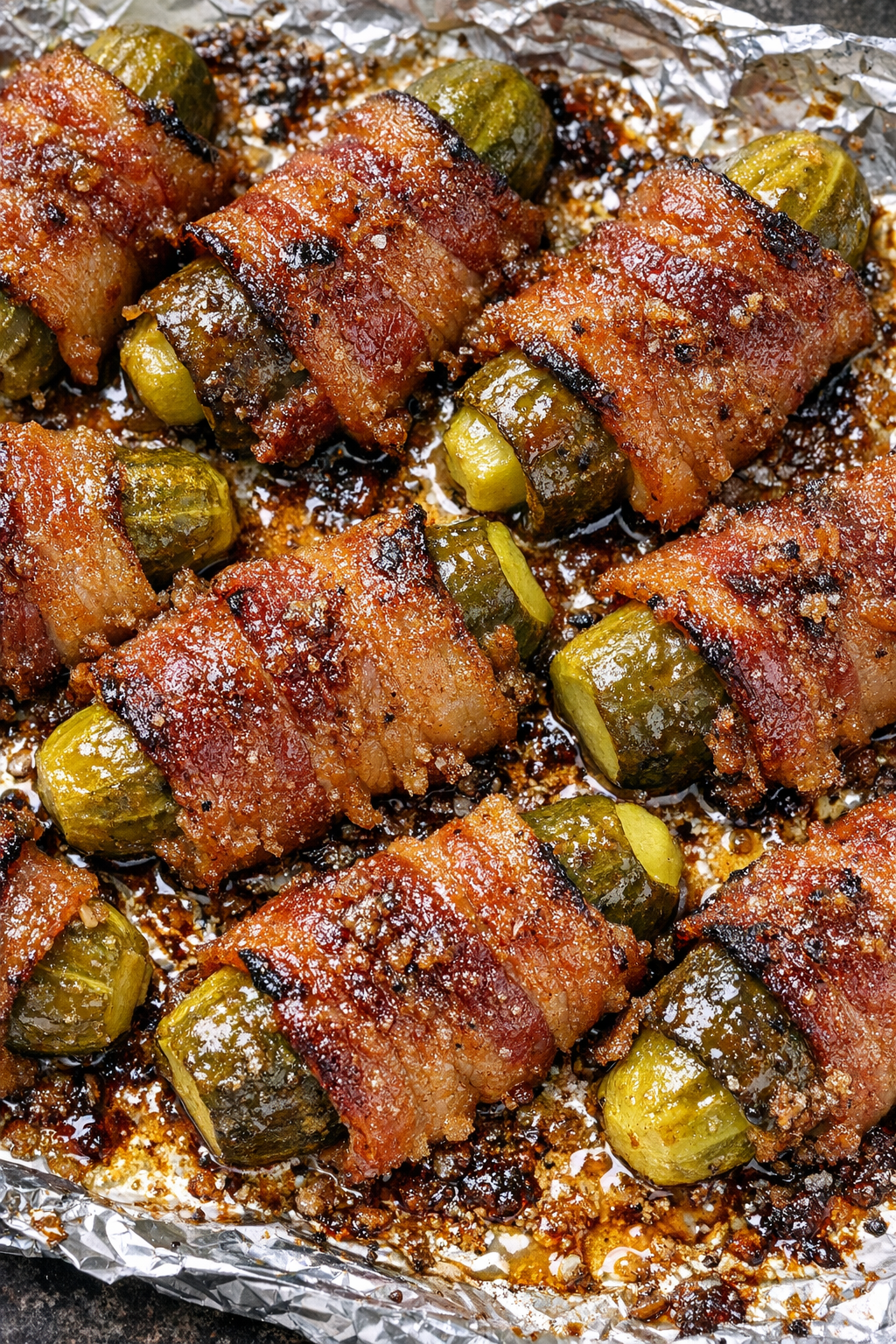 Southern 4-ingredient bacon wrapped pickles on a foil-lined baking tray