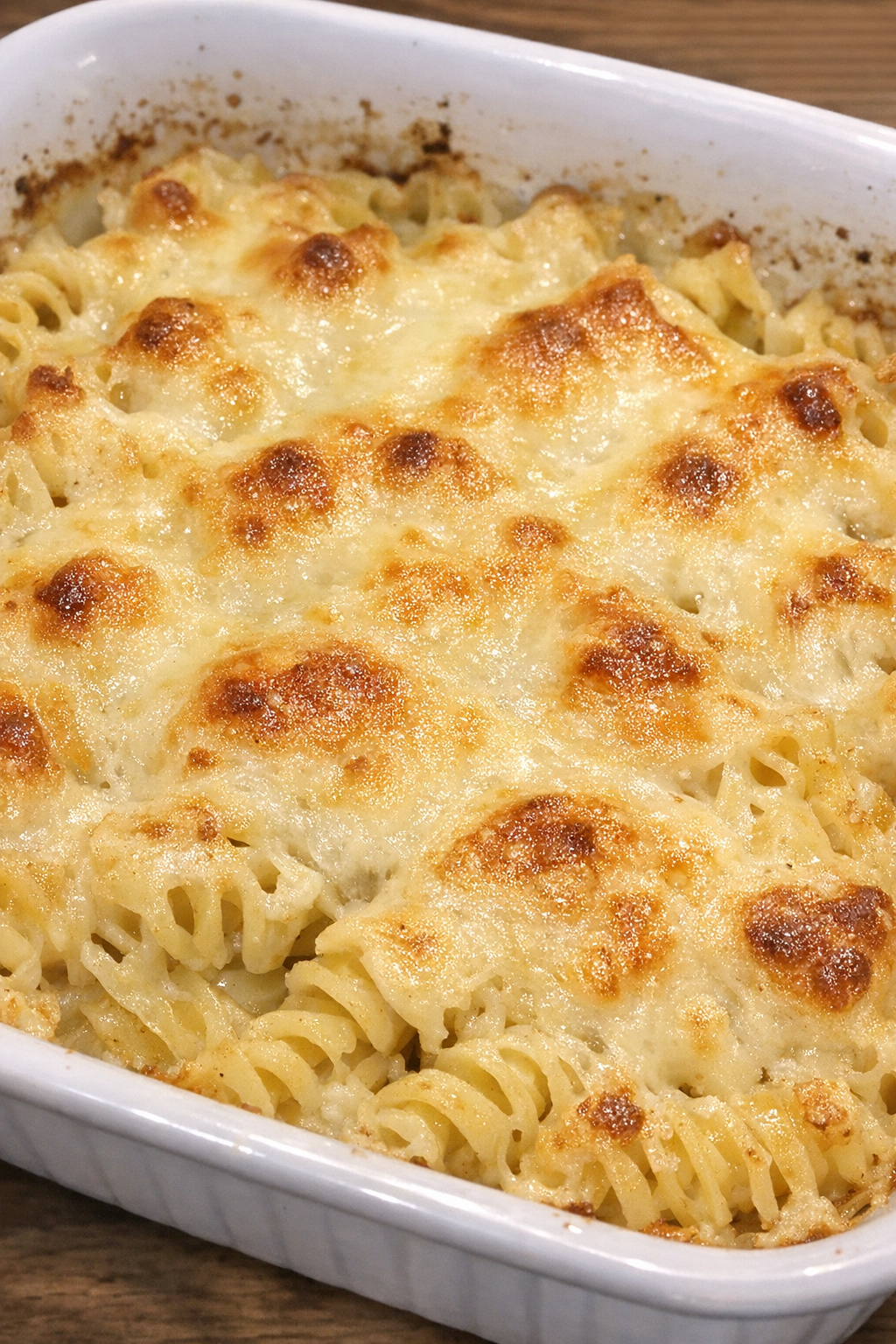 Golden provolone rotini in a white casserole dish