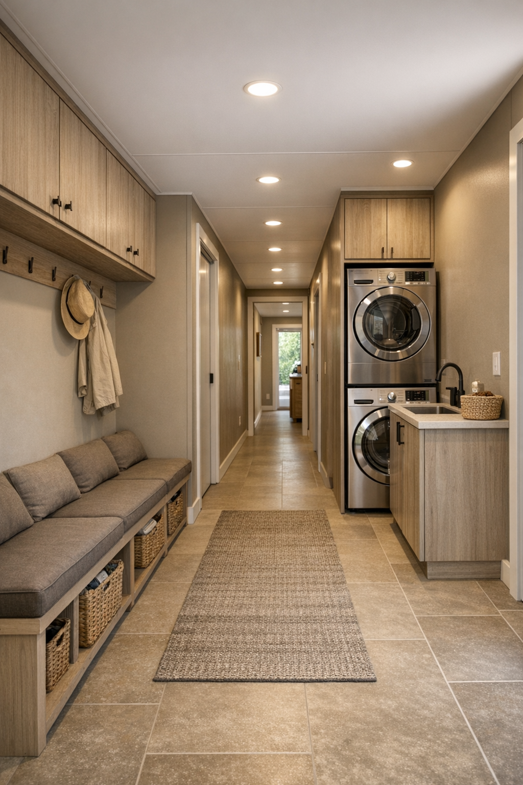 Bright transitional hallway and utility area with built-in storage and clean modern finishes