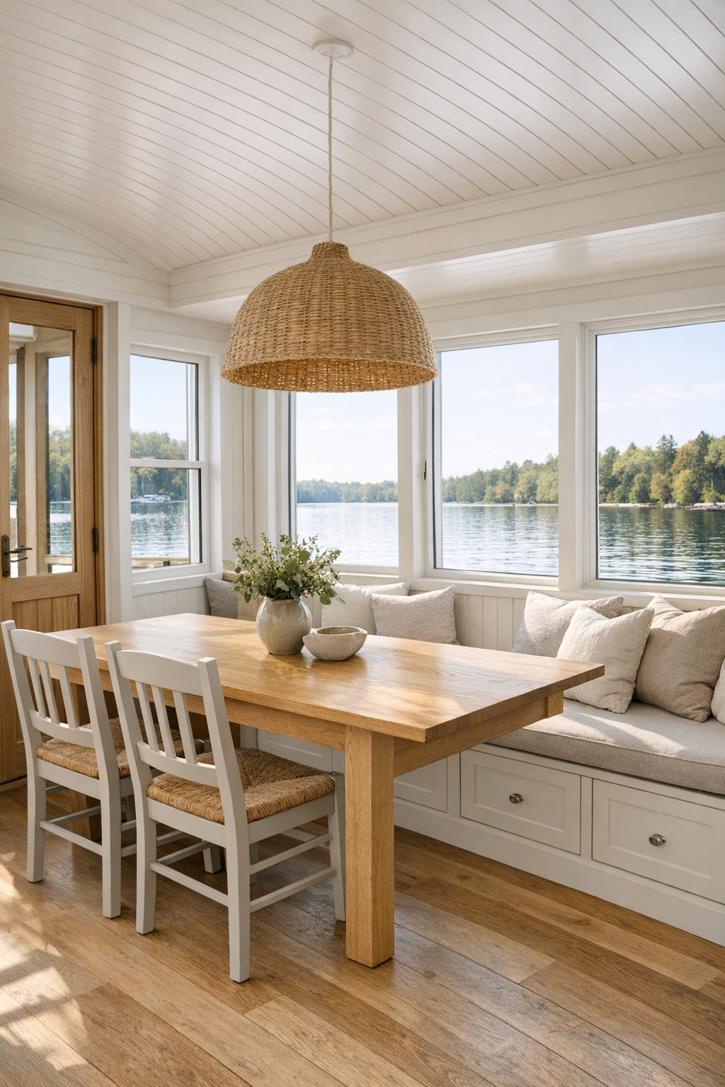Shaker dining area with oak table, built-in bench, and marina views