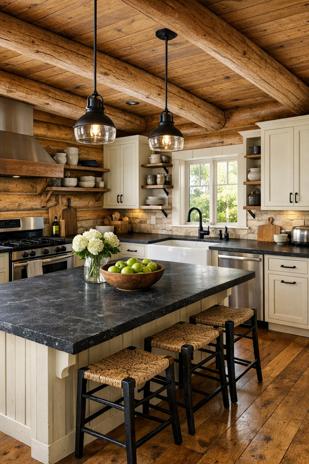 Classic log home kitchen with cream cabinetry and large island