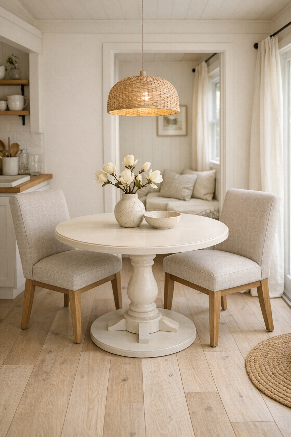 Tiny home dining area with a round pedestal table, upholstered chairs, and warm natural light