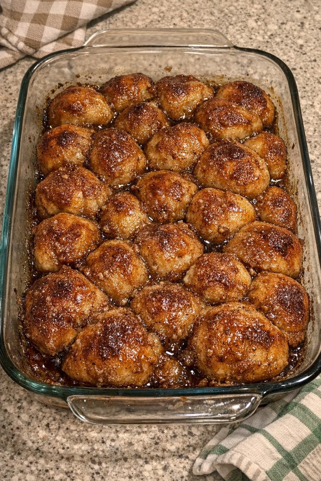 Finished baked bread dough dessert in a glass baking dish