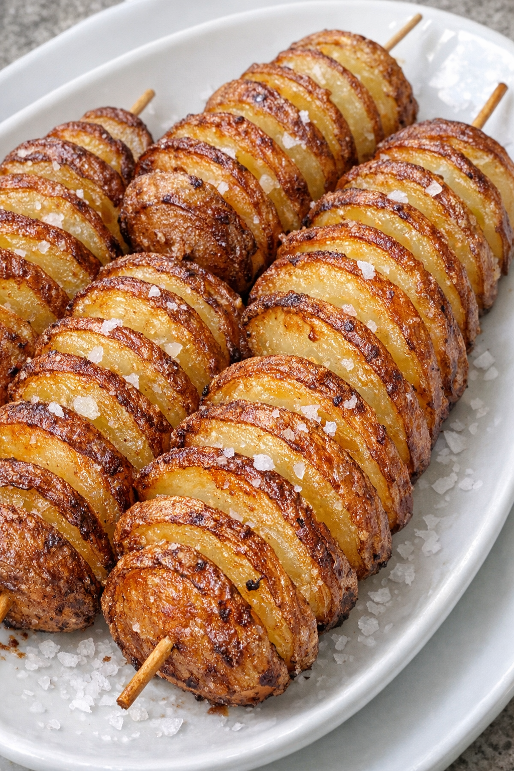 Golden crispy spiral-cut potatoes on a white platter