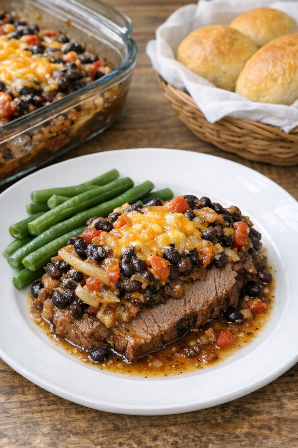 Finished beef and black bean casserole plated for serving