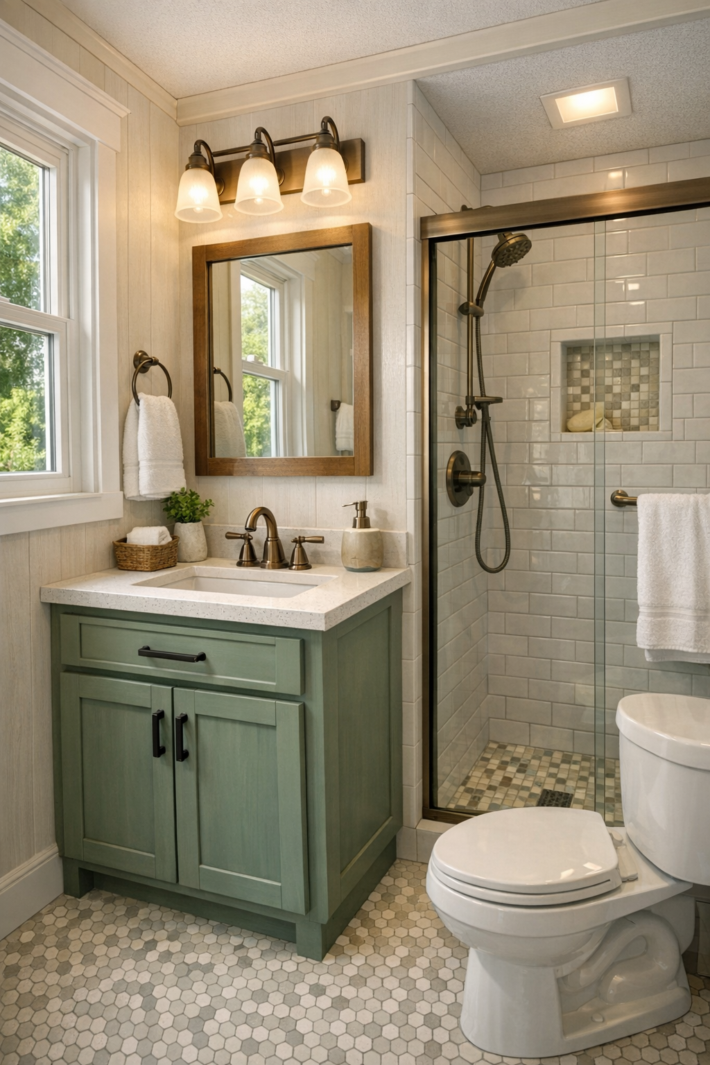 Compact craftsman bathroom with painted vanity, small floor tile, and bright natural light