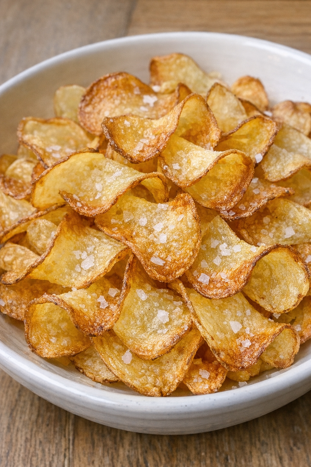Crispy golden potato ribbons in a white bowl