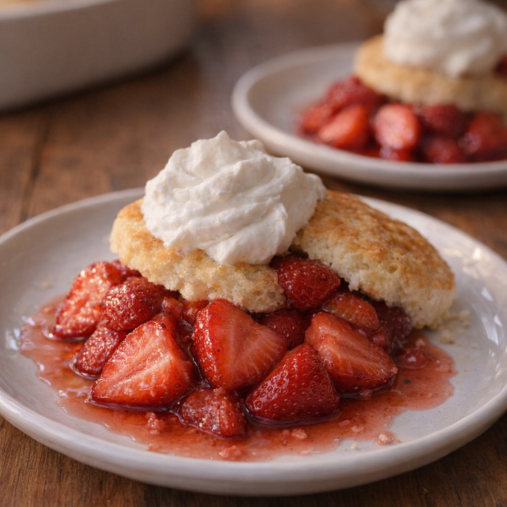 Baked strawberries served with biscuits and whipped cream
