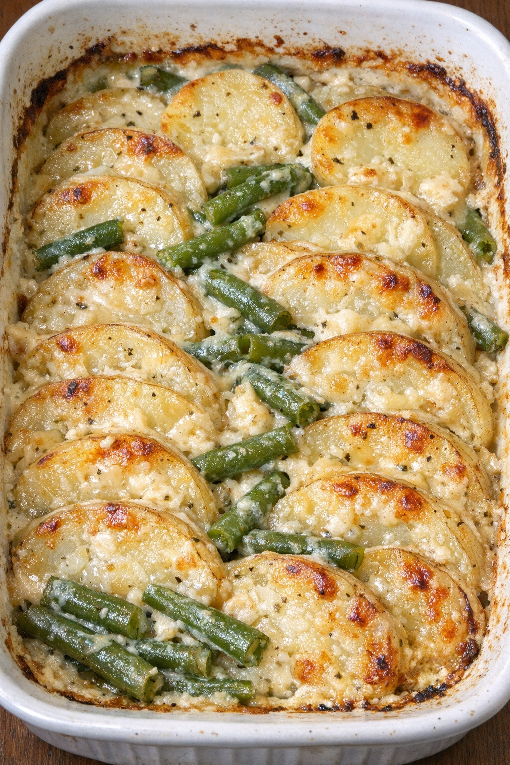 Creamy green bean and potato bake in a white casserole dish