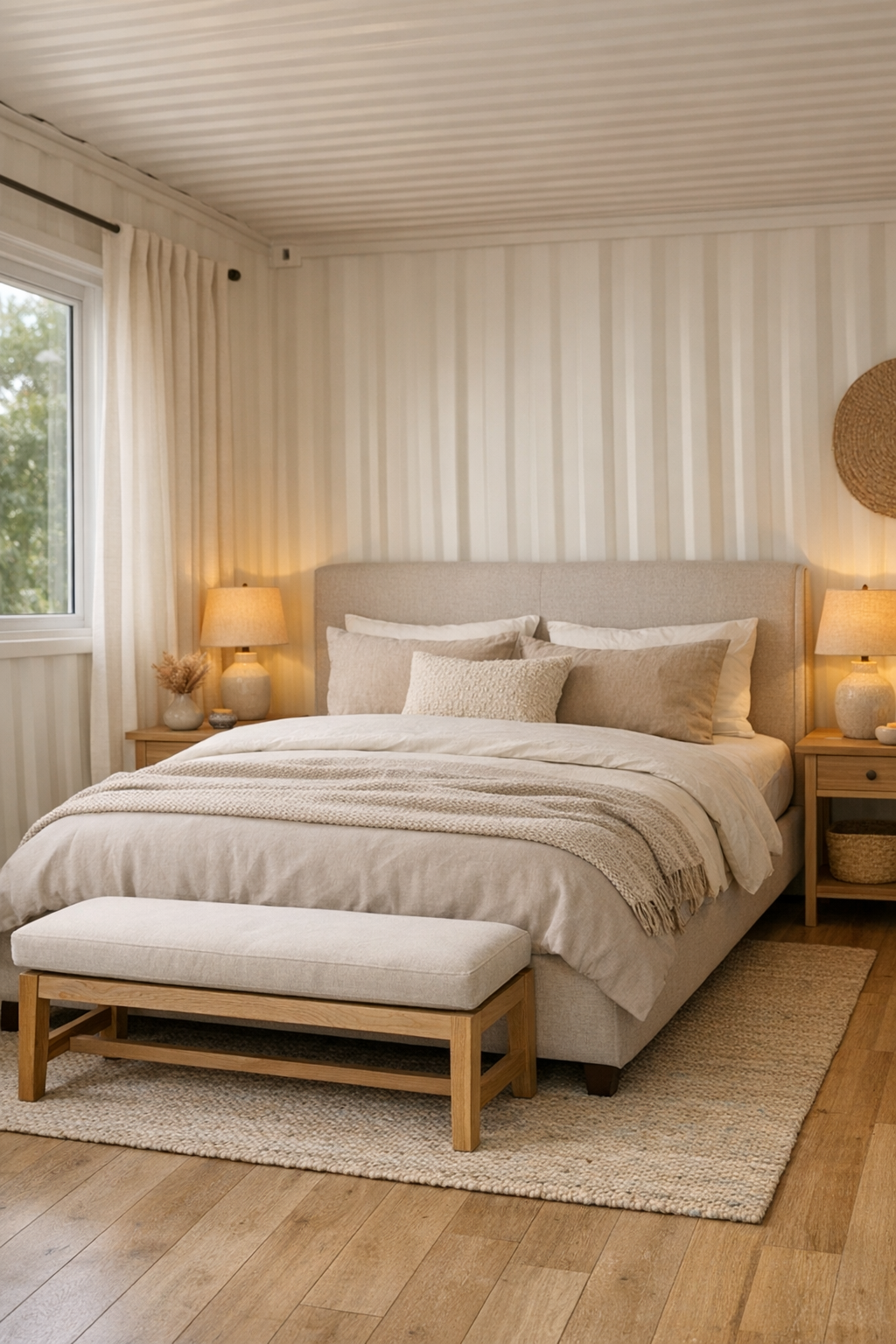 Quiet neutral bedroom with upholstered bed and soft layered textiles