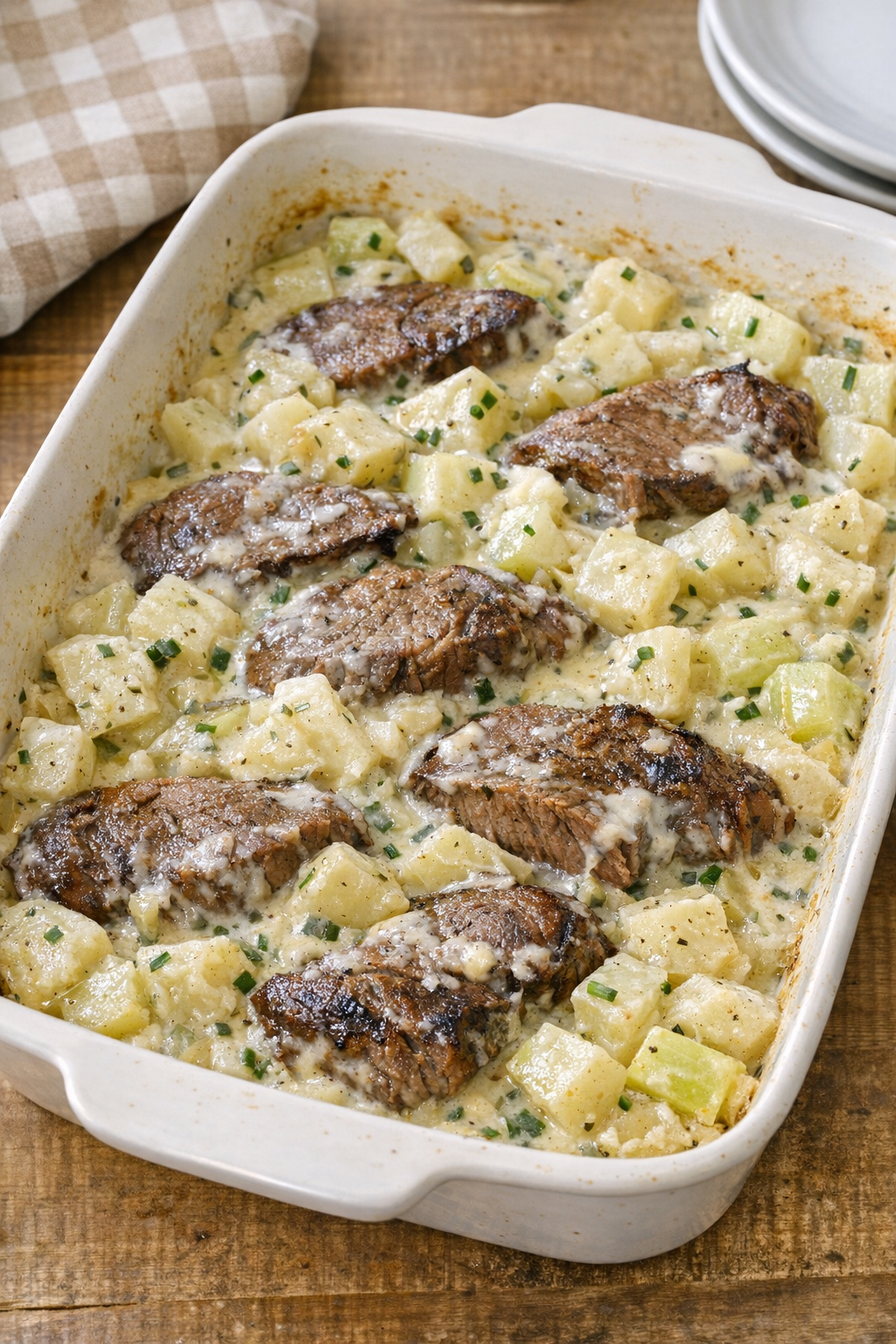 Finished baked beef and kohlrabi in a rustic baking dish