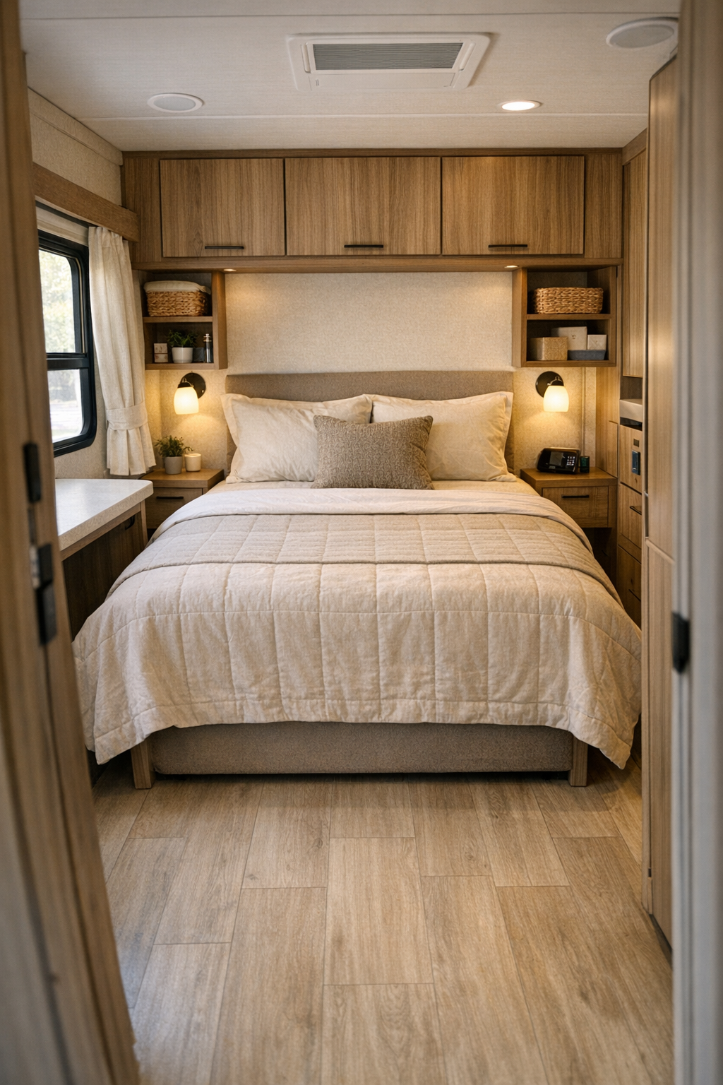 Calm RV camper bedroom with integrated storage and warm neutral bedding
