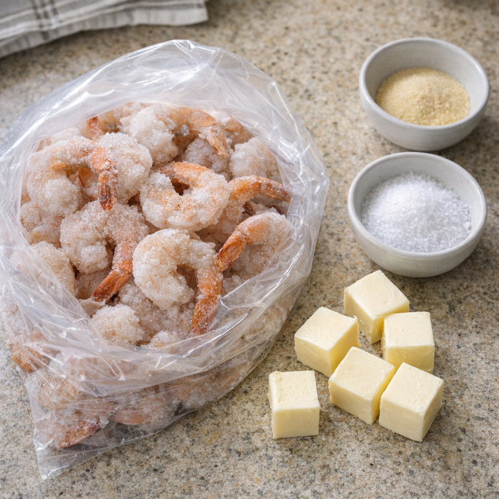 Frozen shrimp and butter ingredients arranged on a kitchen counter