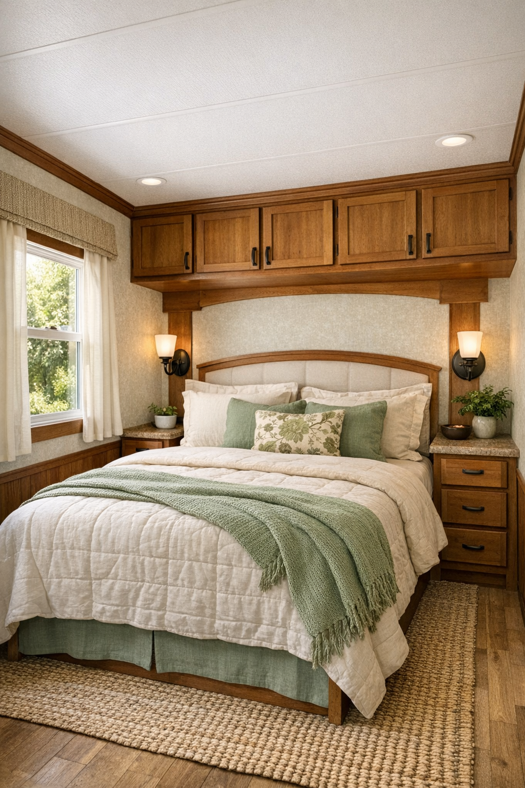 Quiet craftsman-style bedroom with sage and ivory bedding, wall sconces, and built-in storage