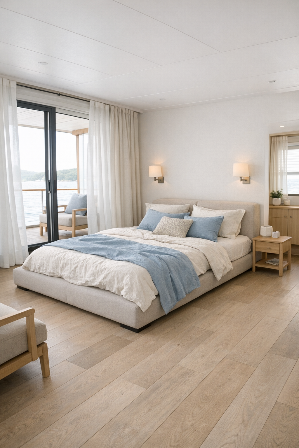 Serene bedroom with low upholstered bed and soft natural textures