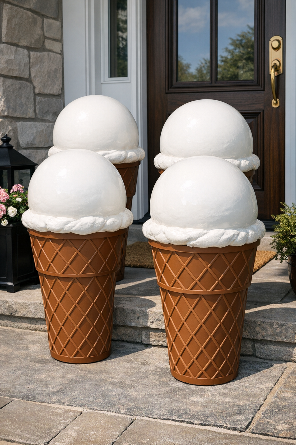 Finished giant porch ice cream cone decorations displayed on a front porch