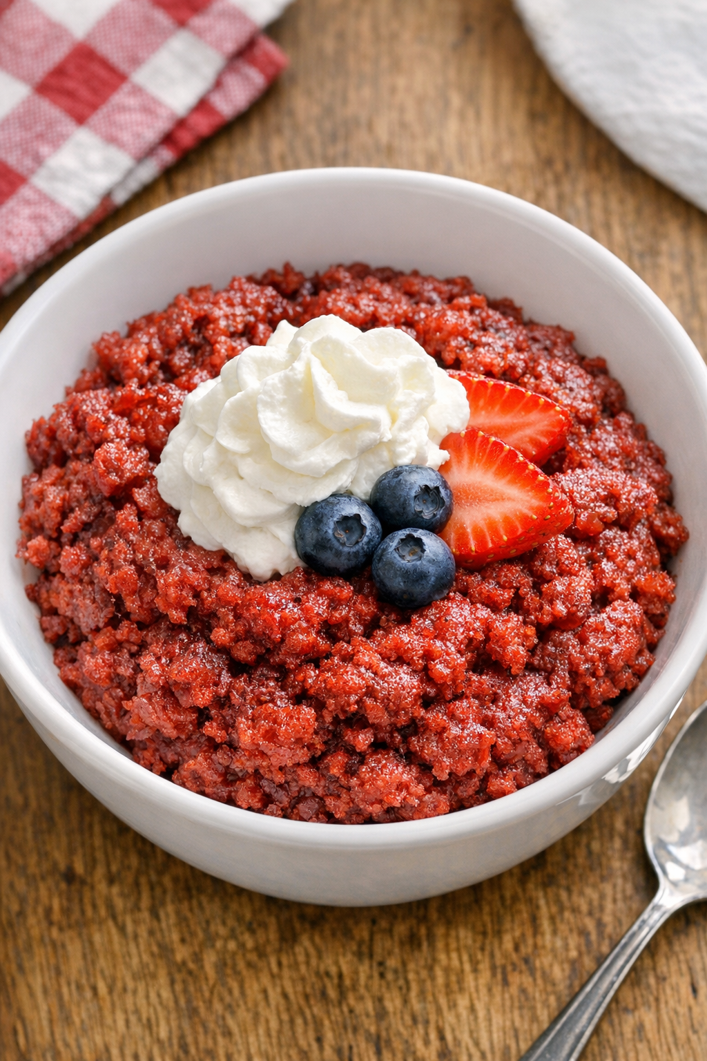 Finished red velvet slow cooker dessert in a white bowl