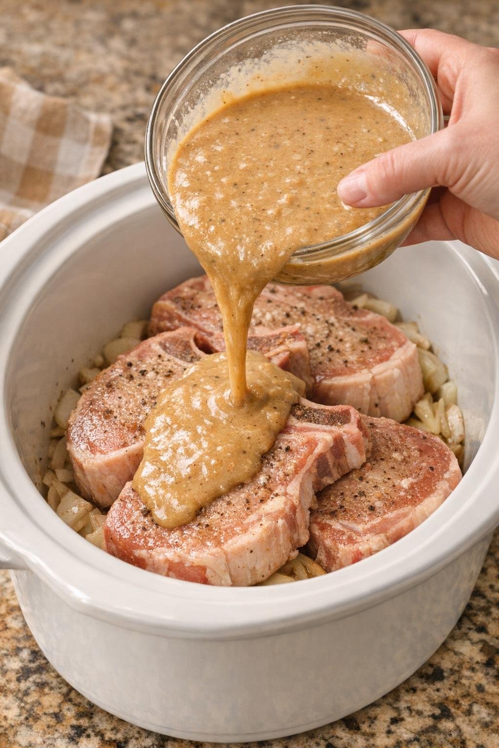 Gravy mixture being poured over pork chops