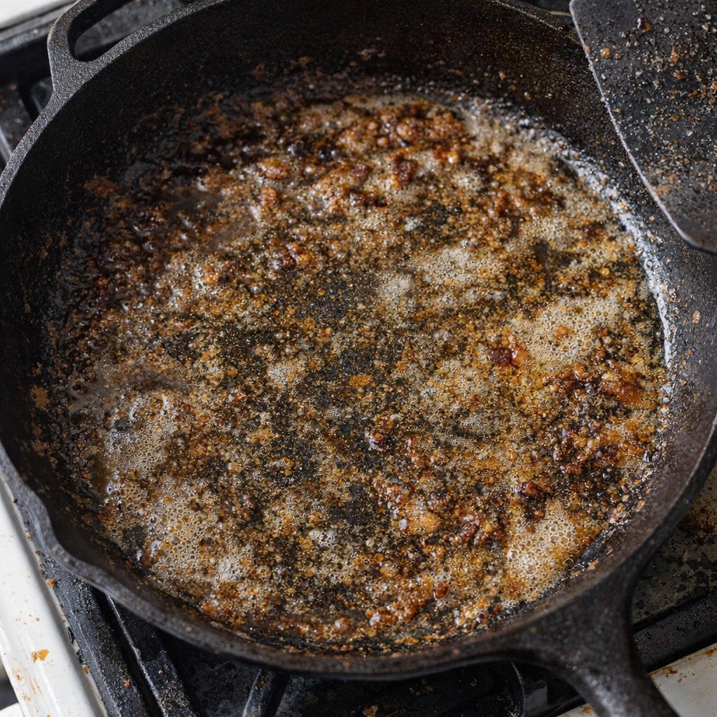 Skillet showing thickened bacon grease residue