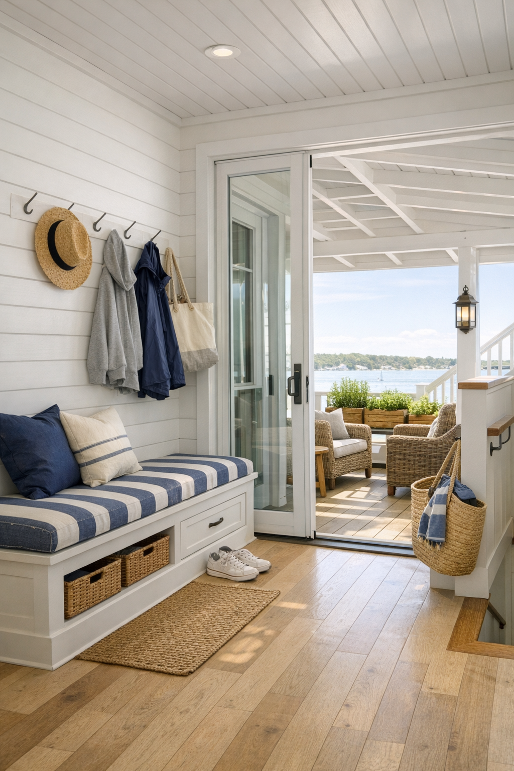 Built-in entry and covered deck area with coastal storage and seating