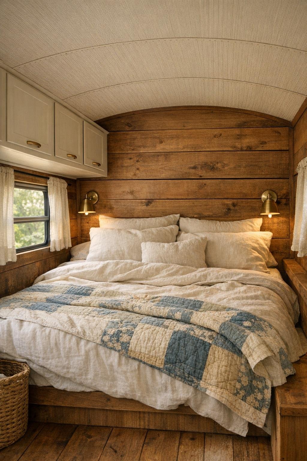Cozy converted bus bedroom with built-in bed, linen bedding, and warm wood paneling