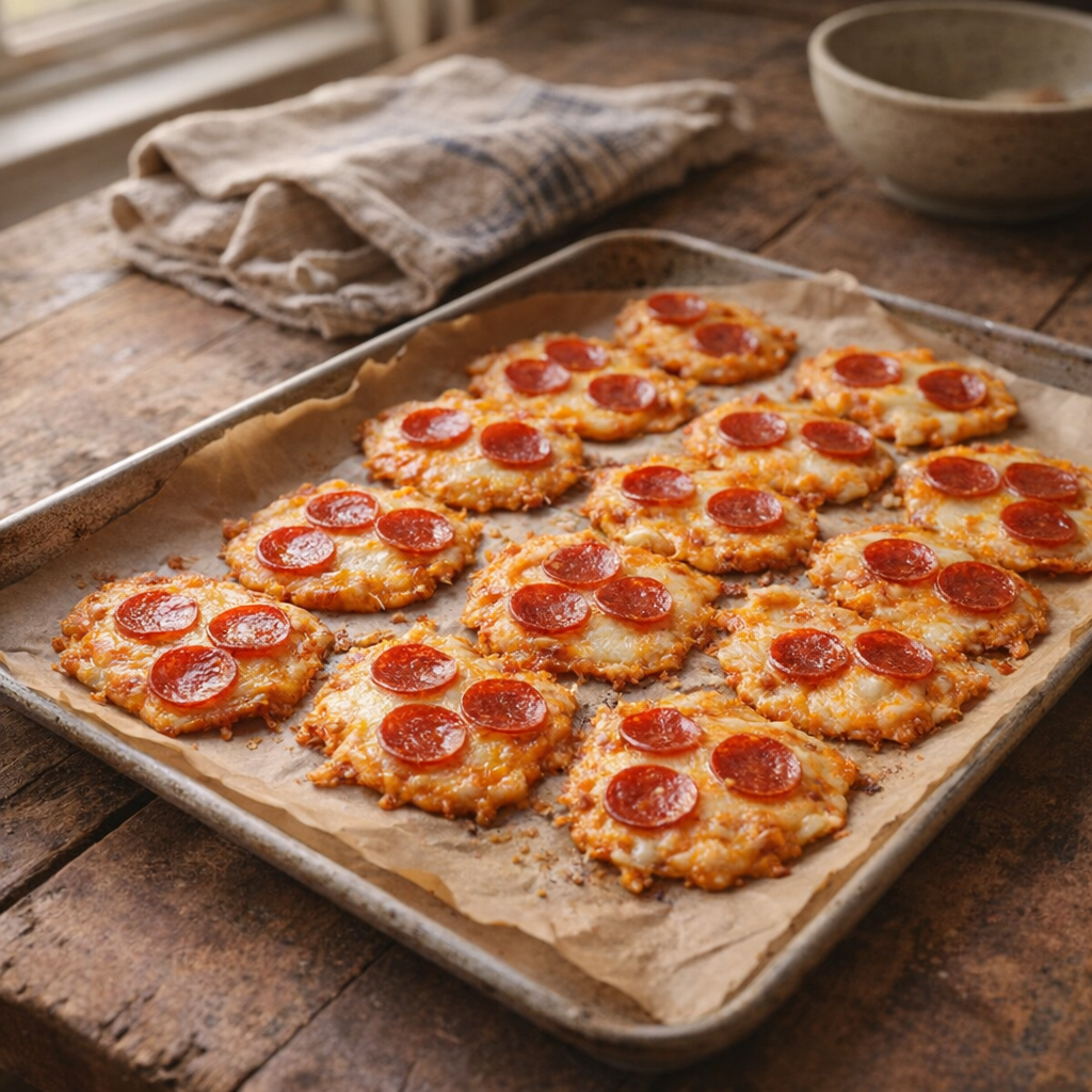 Rustic tray of pizza chips on a farmhouse table